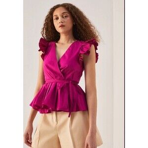 Rebecca Taylor Peplum Wrap Top Fushia designer ruffle sleeveless Size 6 NWT $225